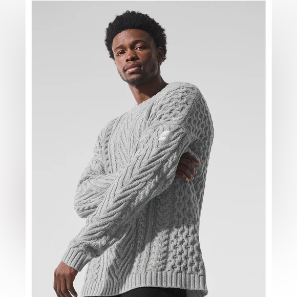 Alo Cable Knit Crew Neck Sweater Athletic Heather Grey - Picture 1 of 11